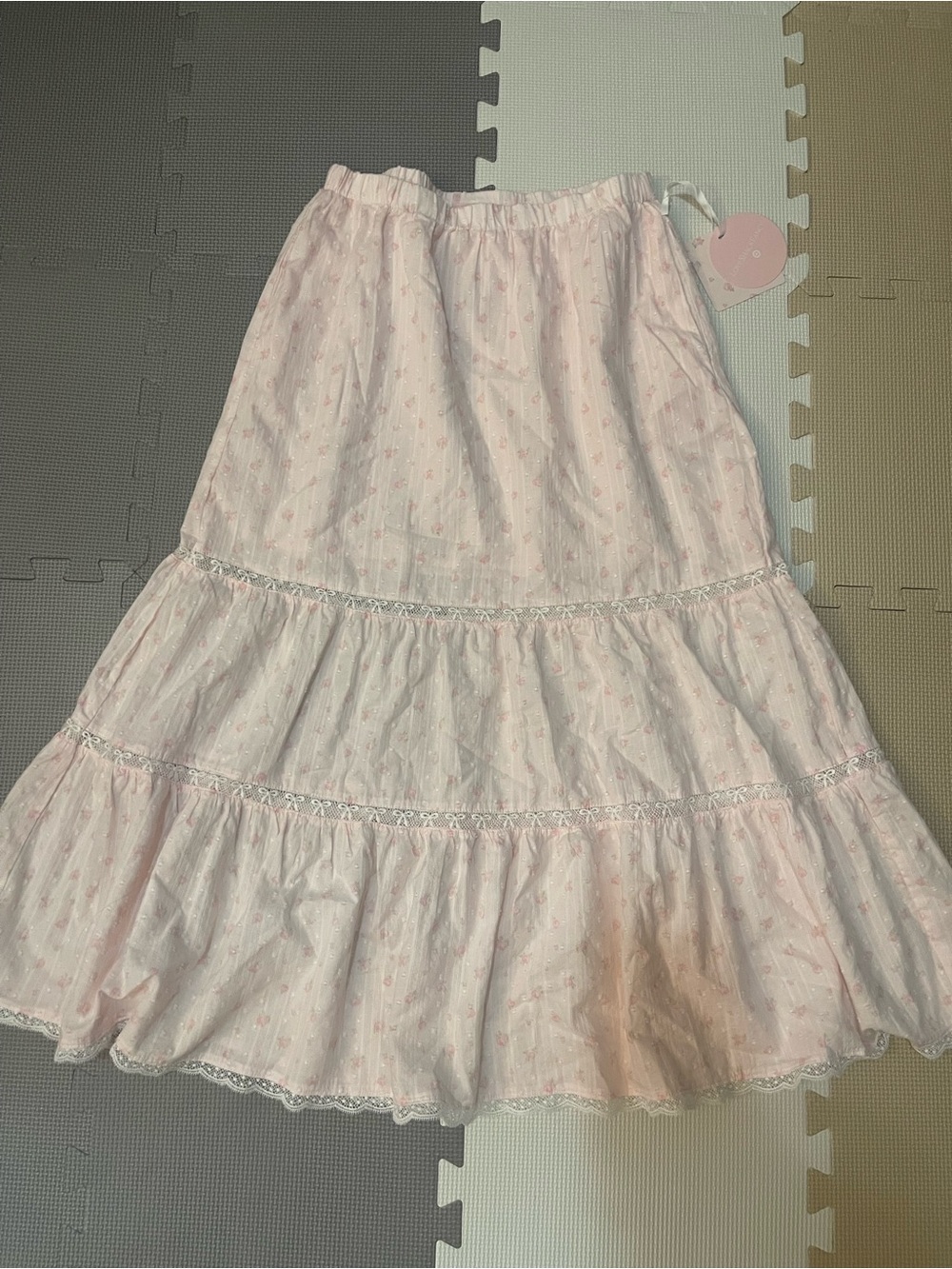 NWT LoveShackFancy Pale Pink Tiered Lace-Trim Midi Skirt, largest kids size 16
